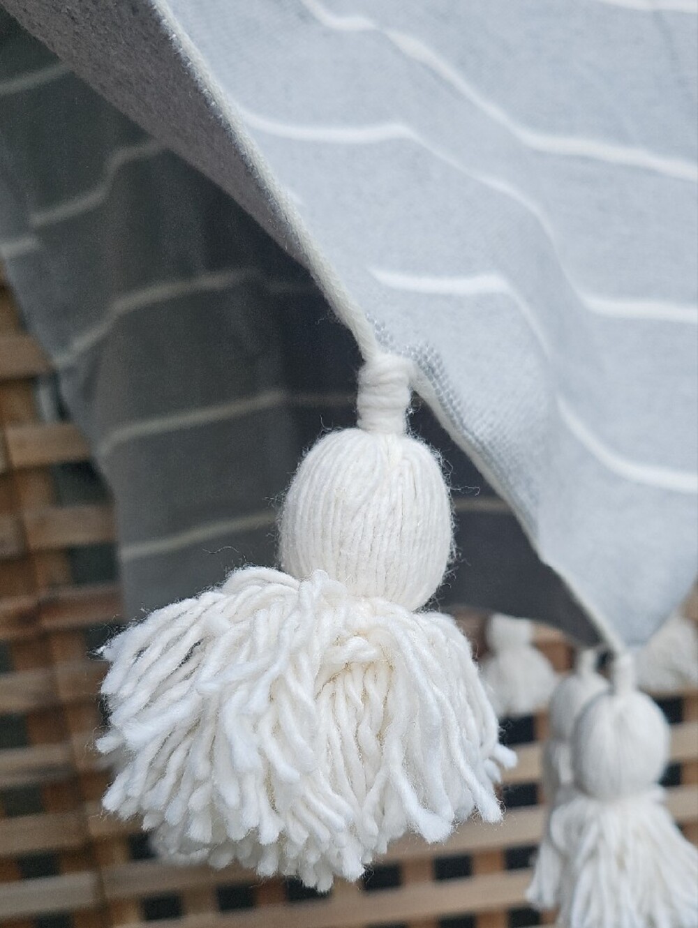 Gray Striped Tassel Queen Pom Pom  Blanket - Picture 5 of 9